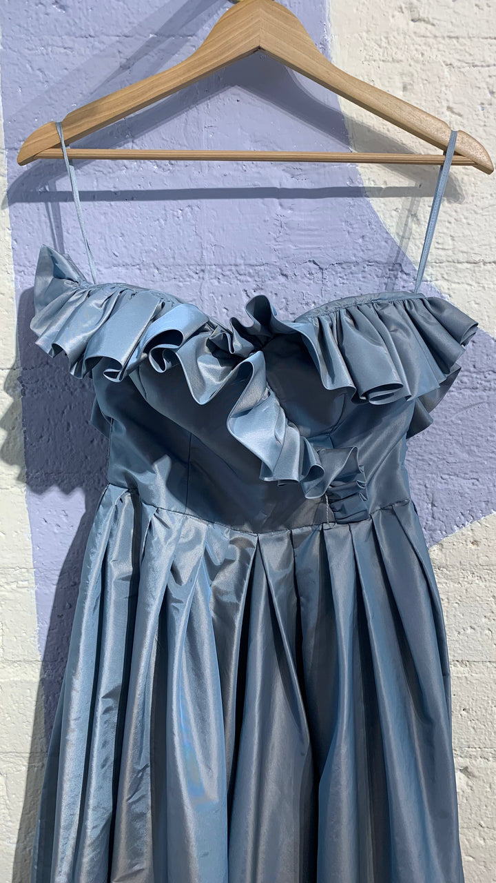 Vintage Blue Ruffled Strapless Evening Gown
