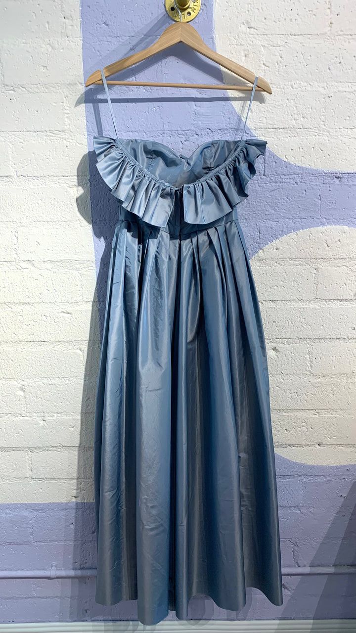 Vintage Blue Ruffled Strapless Evening Gown