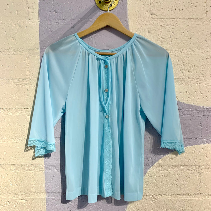 Vintage Blue Lace Trim Pajama Blouse