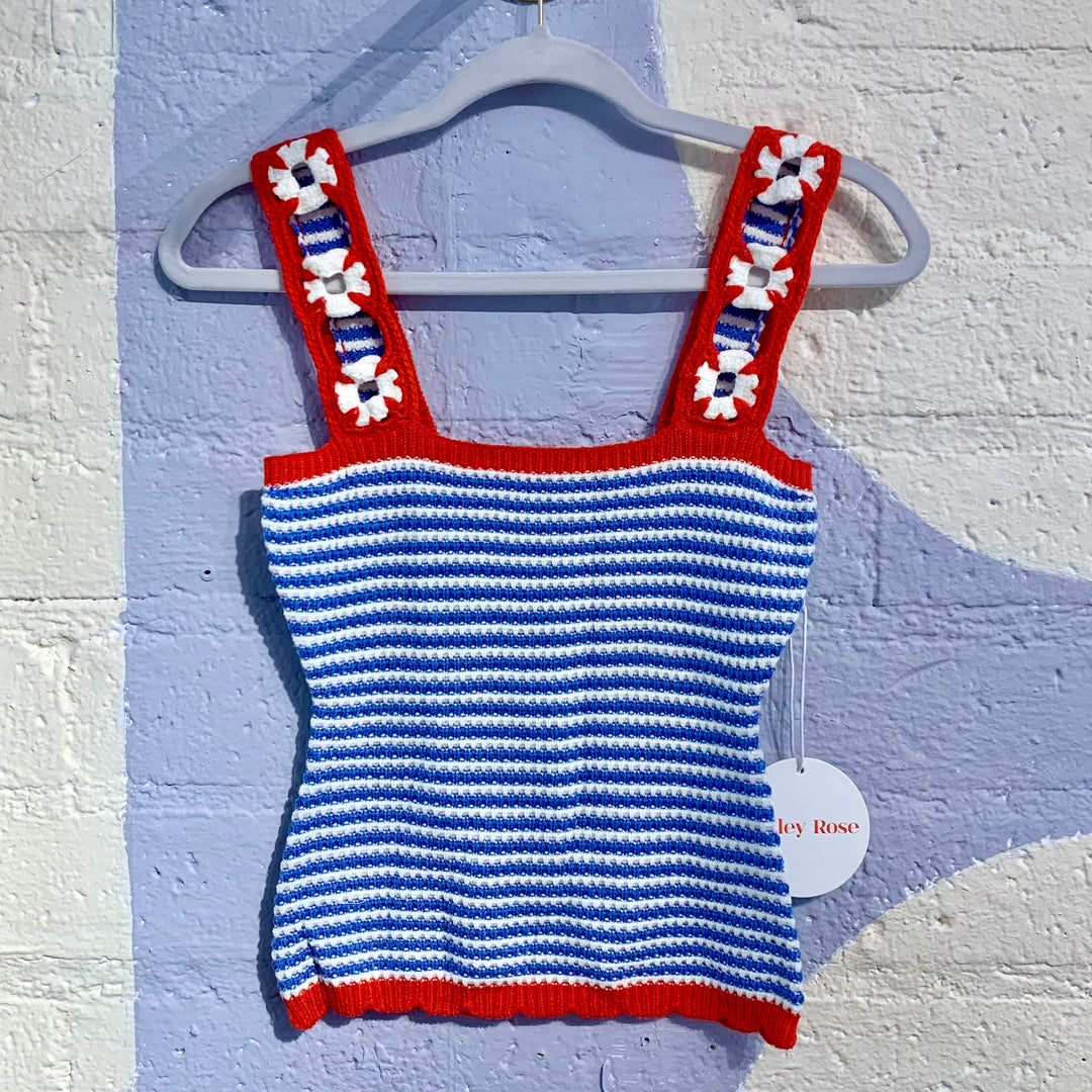 Stripe Knit Tank W Flower Crochet Straps