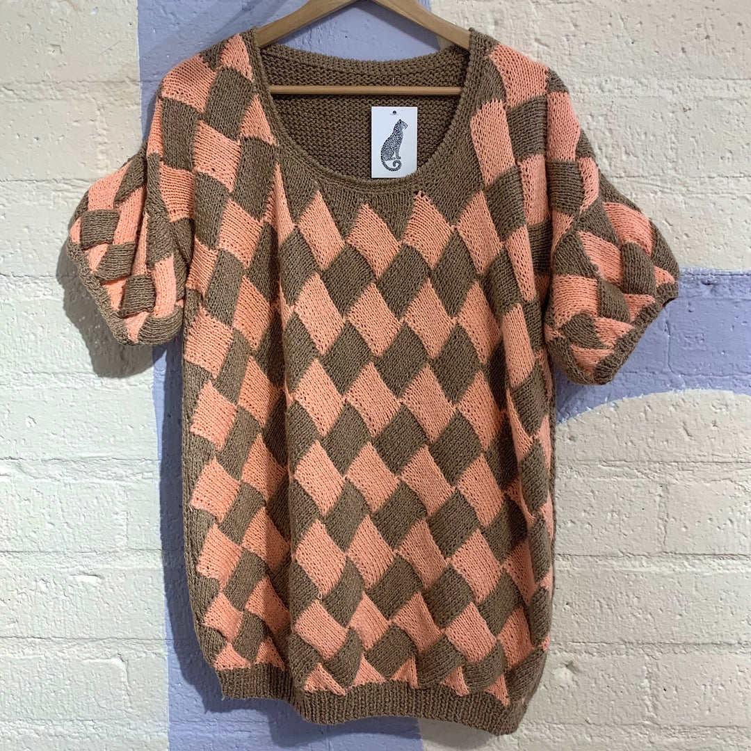 Vintage Pink & Brown Knit Diamond Sweater