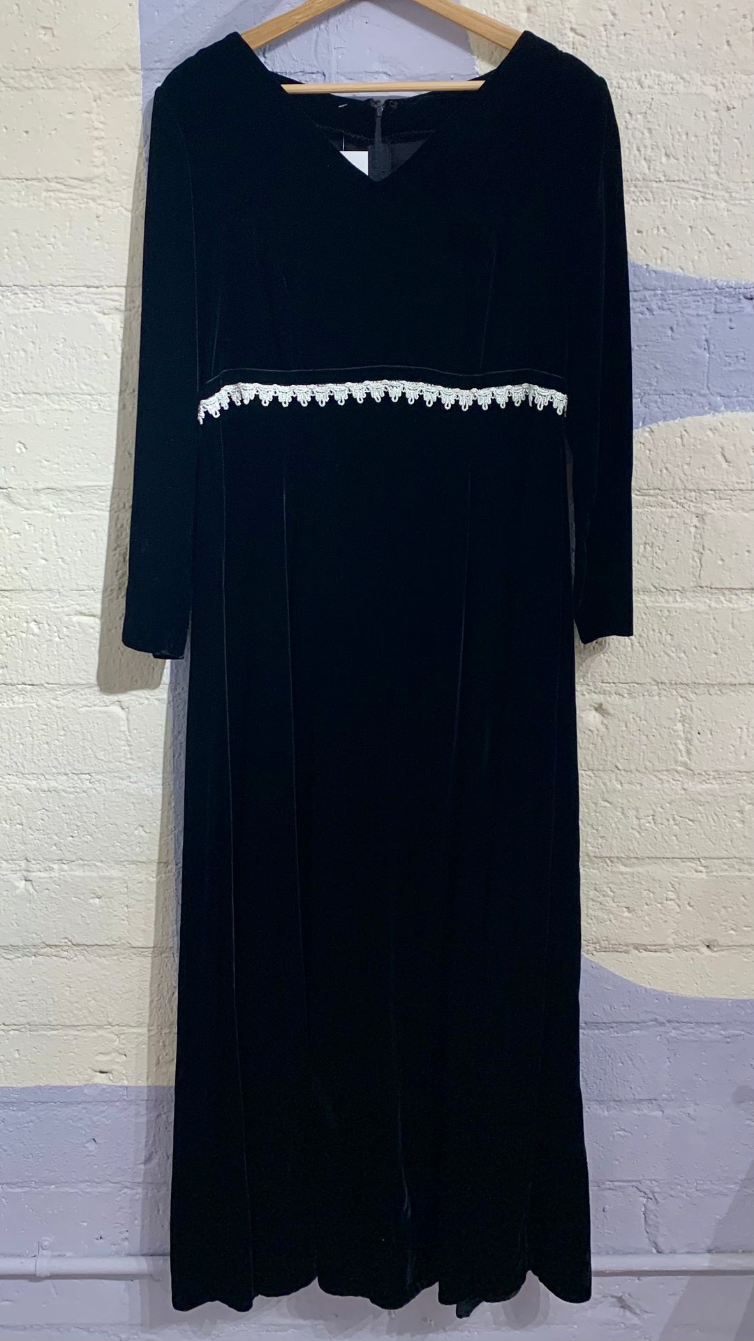 Vintage Black Velvet Dress w/ Waist Lace Trim
