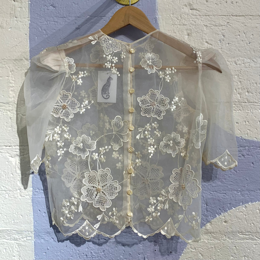 Vintage Sheer Cream Blouse w/ Floral Detailing