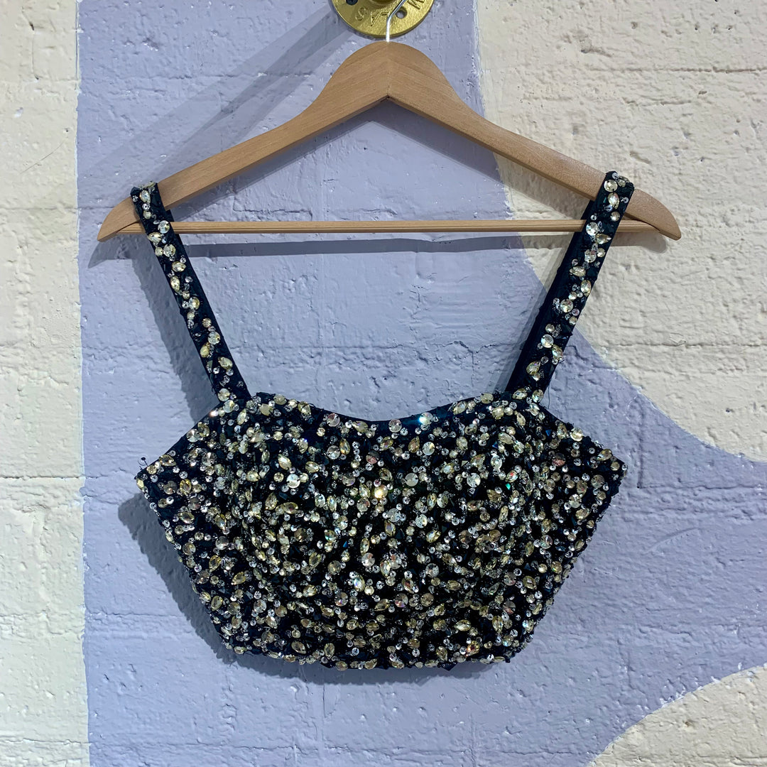 Vintage Black Rhinestone Crop Bustier Top
