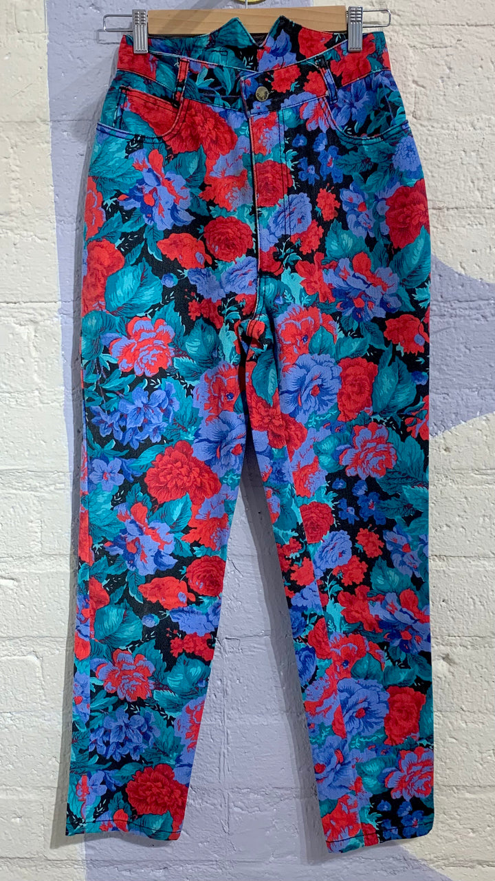 Vintage Vibrant Floral High Waisted Denim Pants
