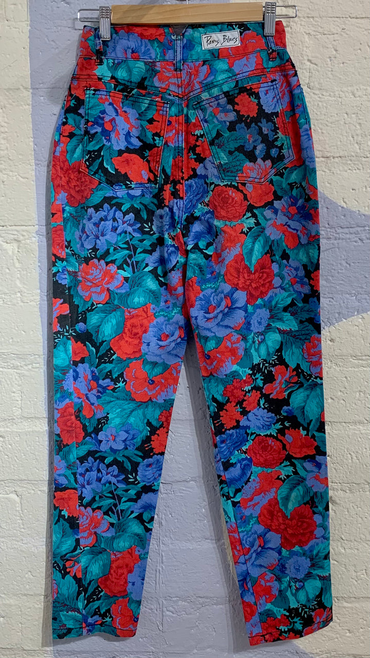 Vintage Vibrant Floral High Waisted Denim Pants