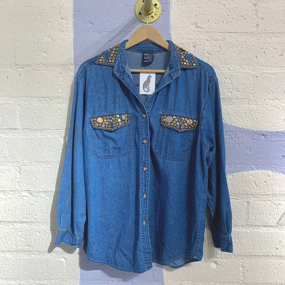 Vintage Gold Embellished Denim Button-Up