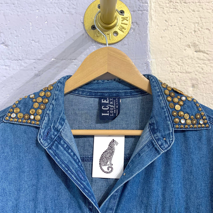 Vintage Gold Embellished Denim Button-Up