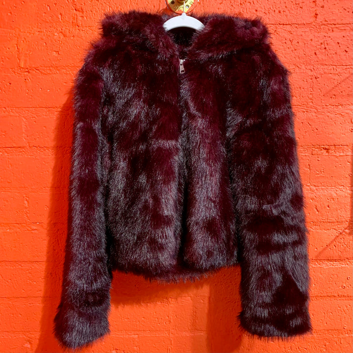 Wine Hooded Faux Fur Jacket