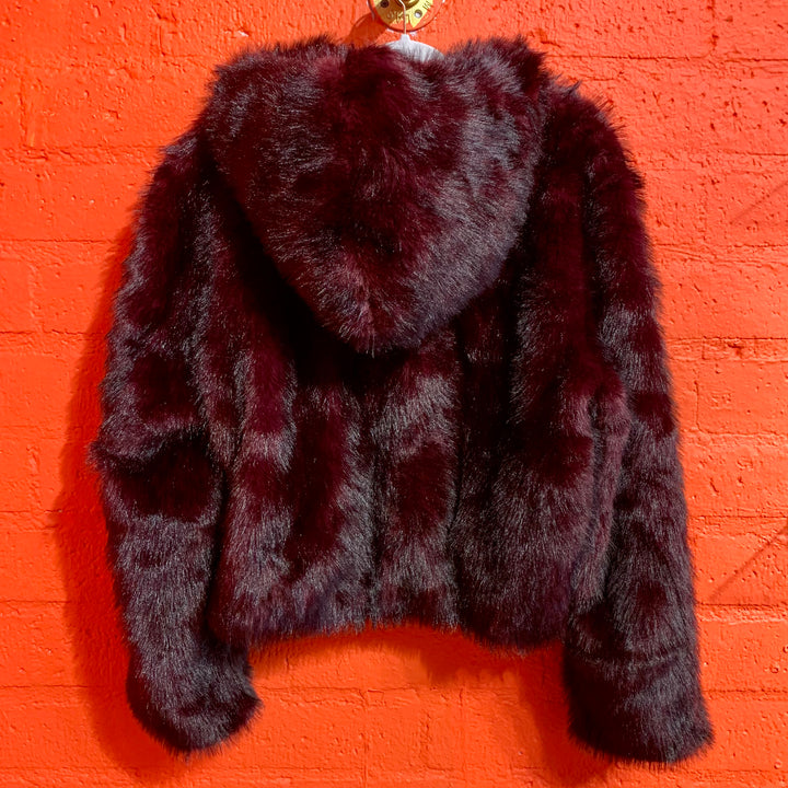 Wine Hooded Faux Fur Jacket
