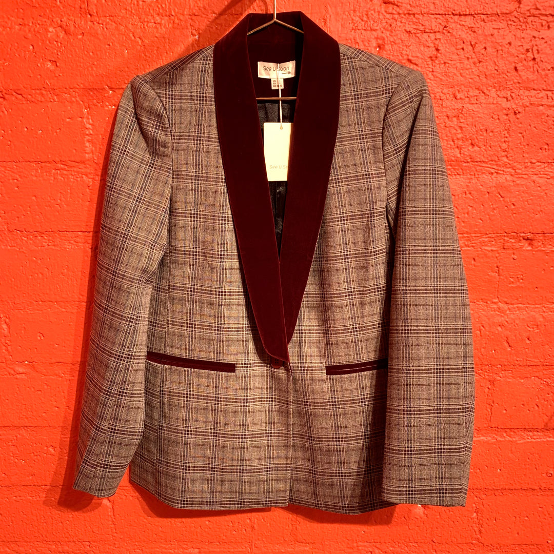 Burgundy Velvet Trim Plaid Blazer