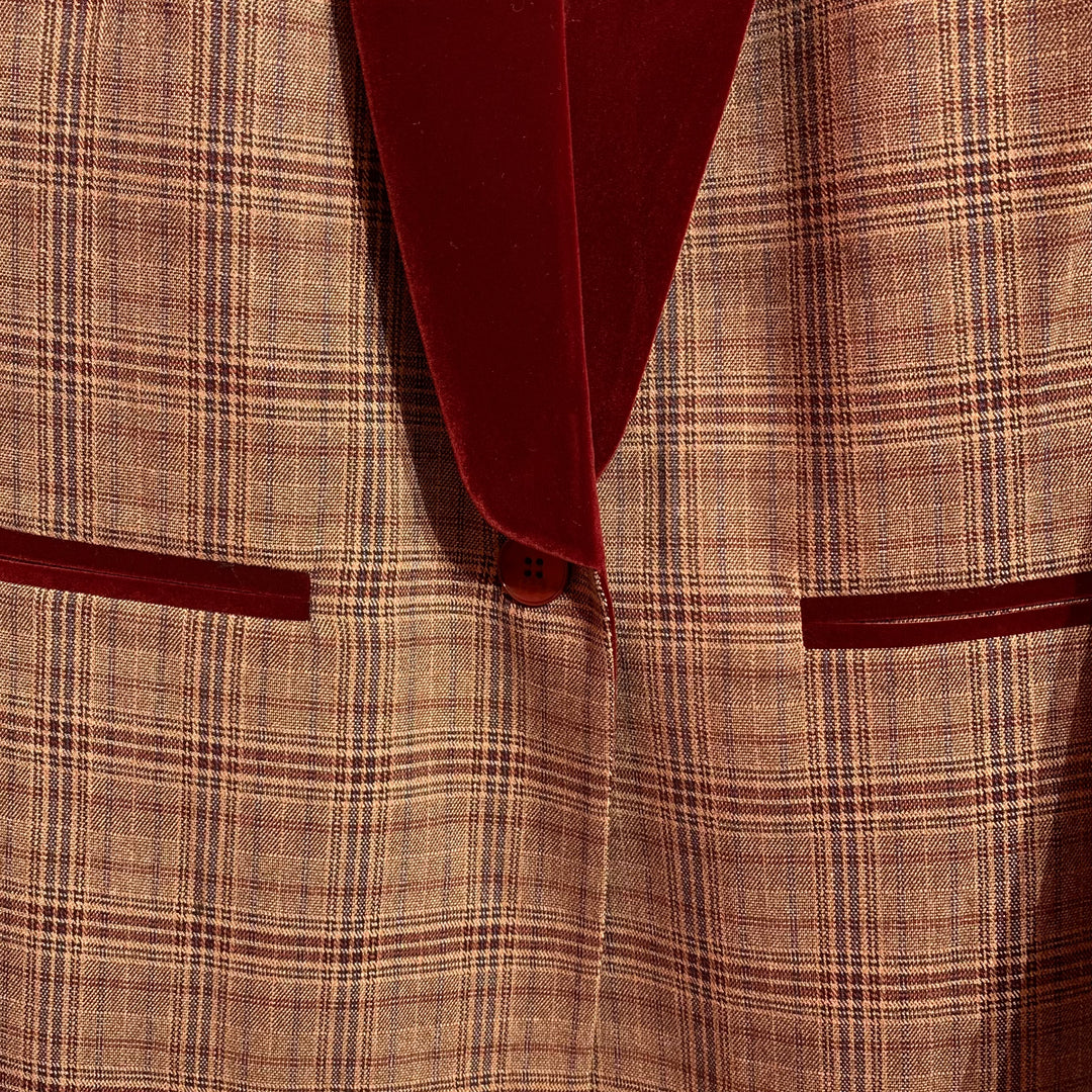 Burgundy Velvet Trim Plaid Blazer
