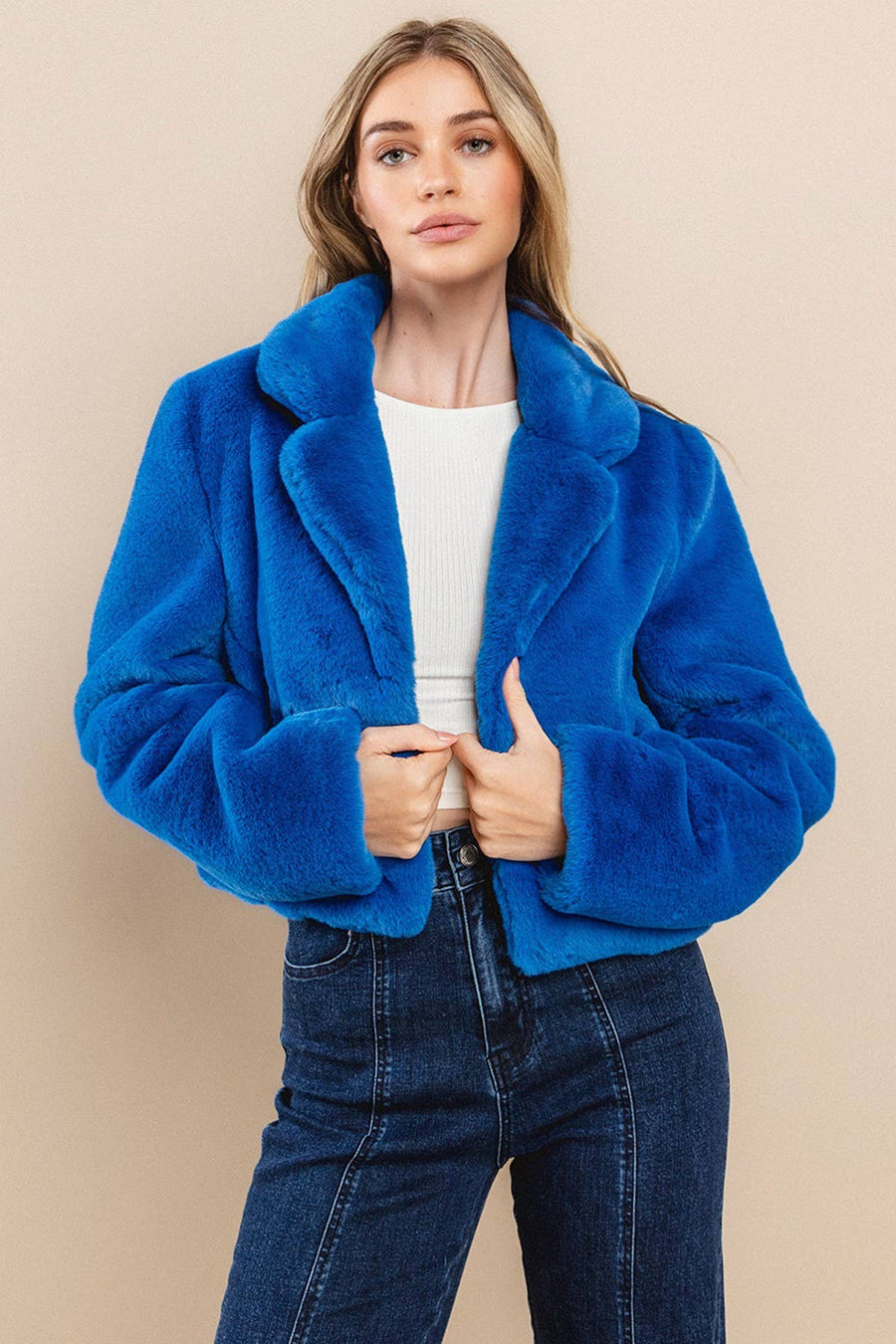 Royal Blue Cropped Fur Jacket