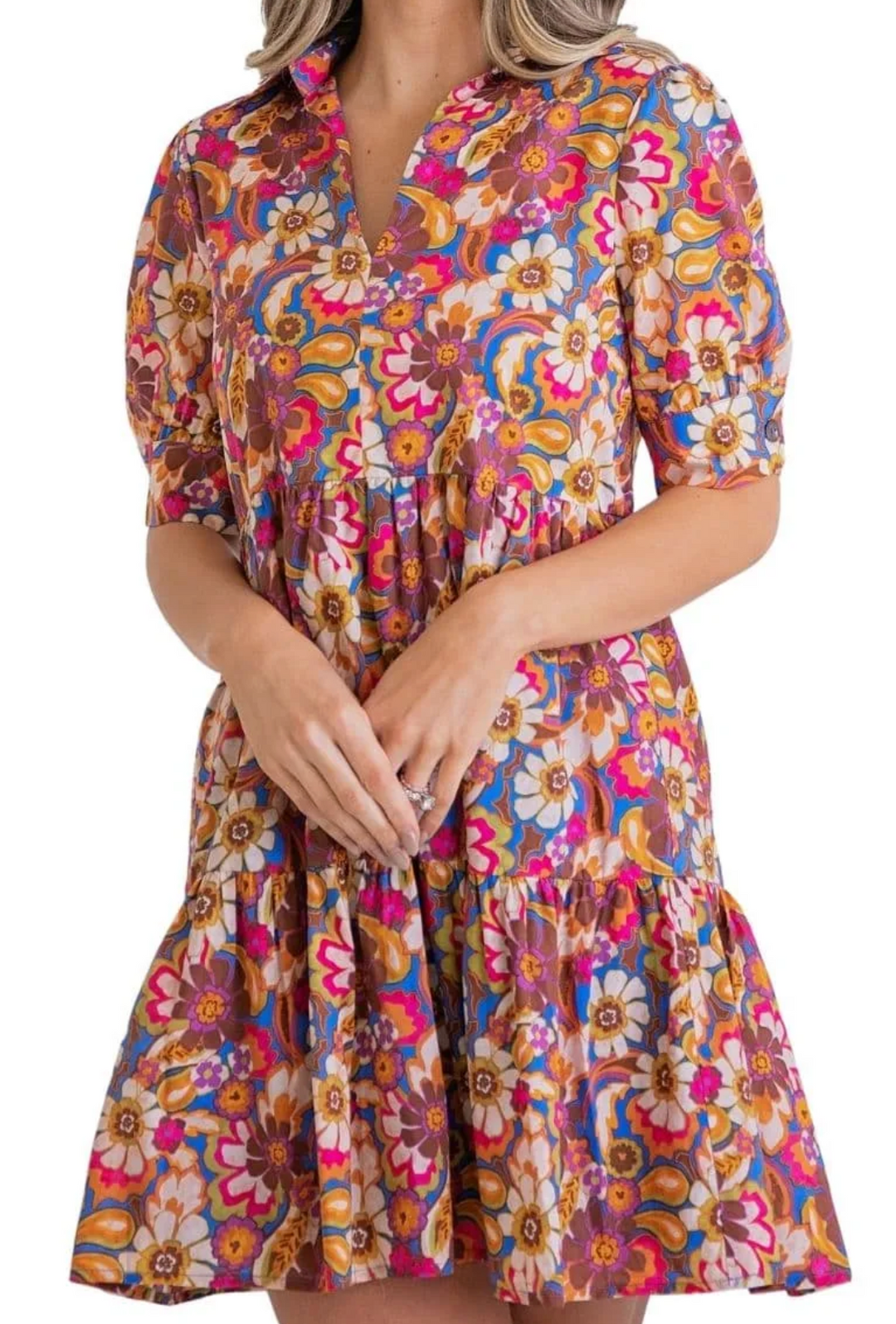 Ada & Lo Floral Multi Colored V-neck Mini Tier Dress