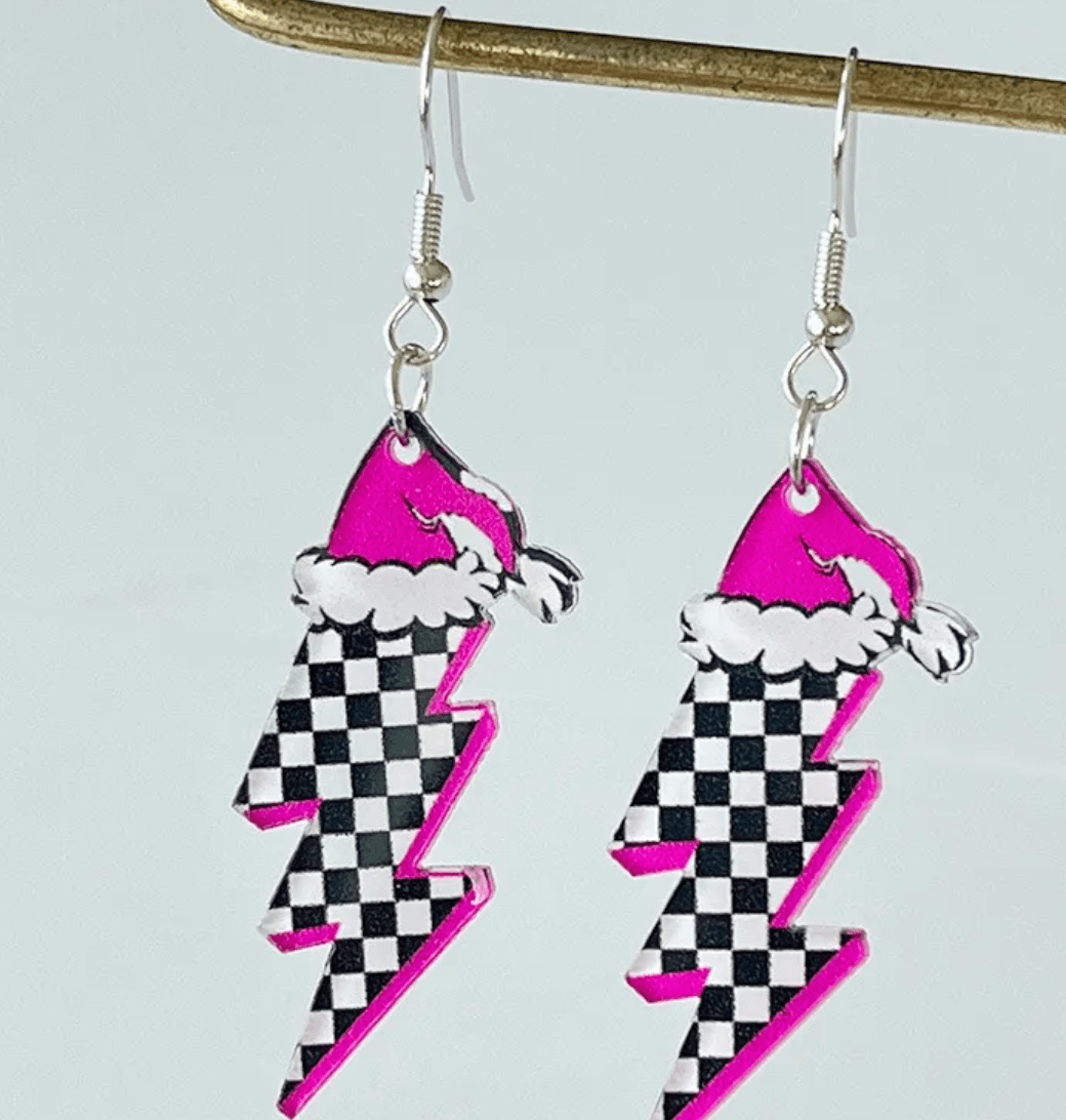 Pink Lightening Bolt Christmas Earrings