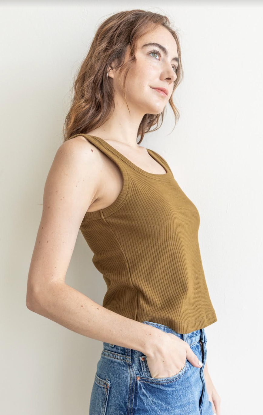 Things Between Scooped Neck Ribbed Tank- Olive