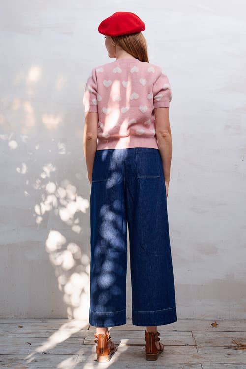 BUTTON DOWN HEART PRINT KNIT TOP