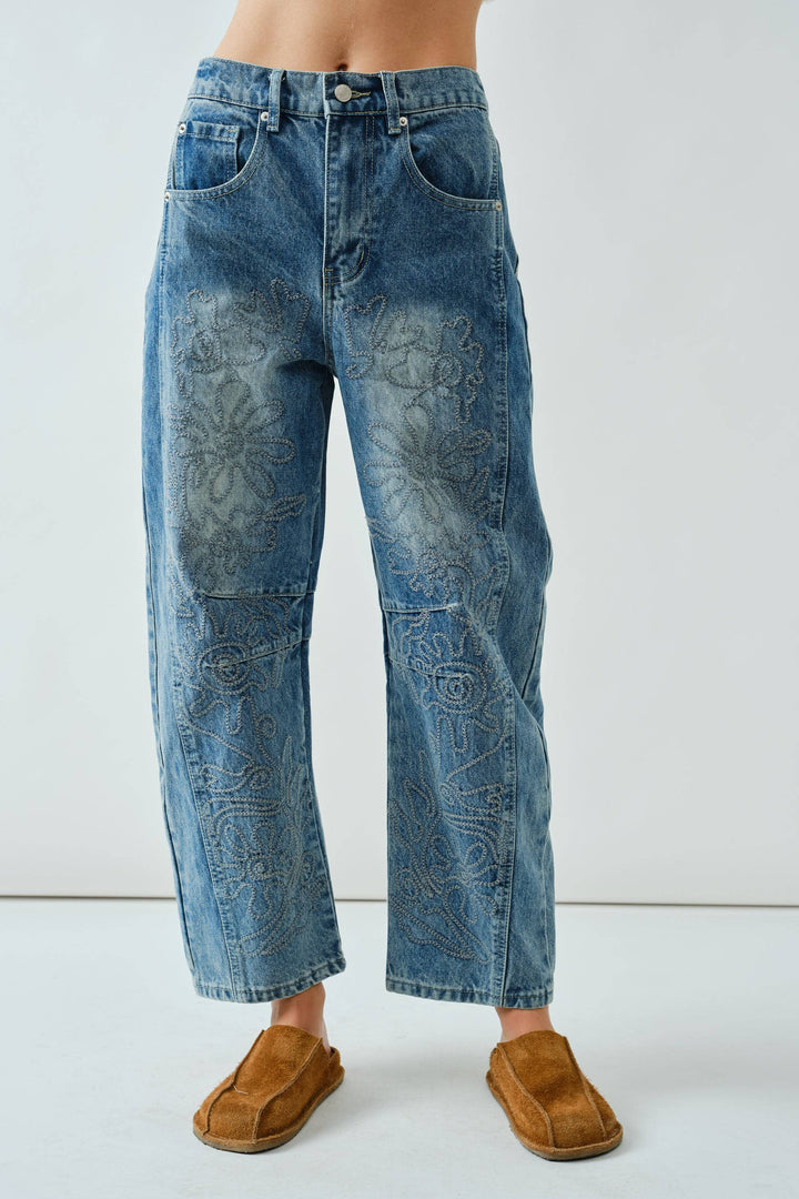 Embroidered Cotton Barrel Pants