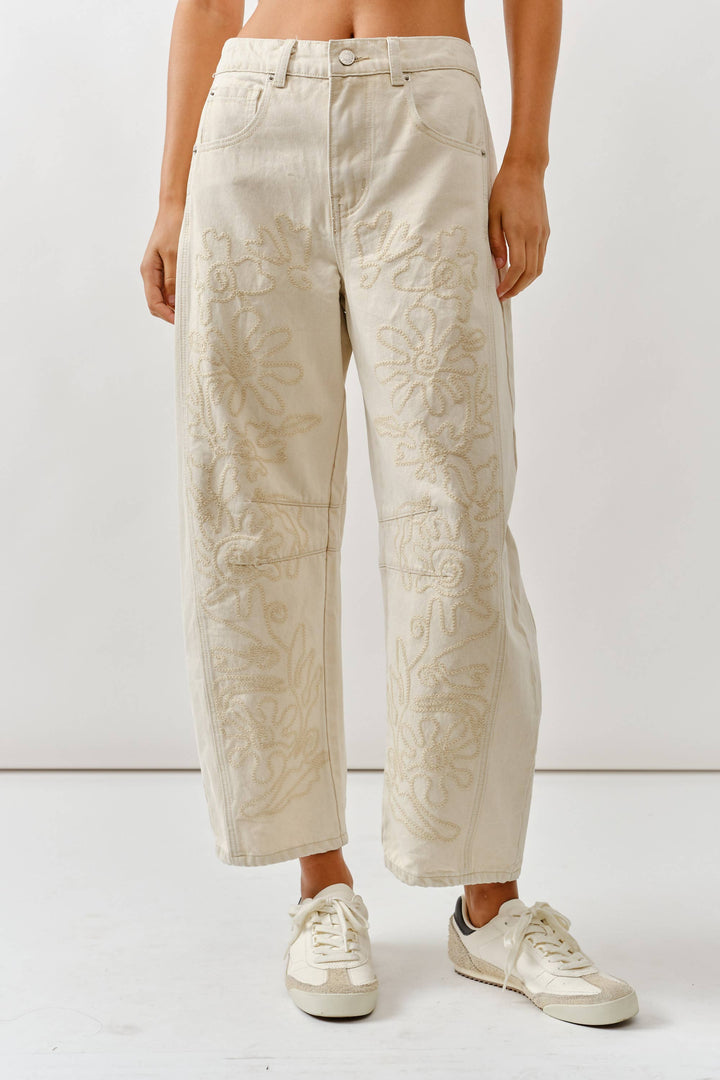 Embroidered Cotton Barrel Pants