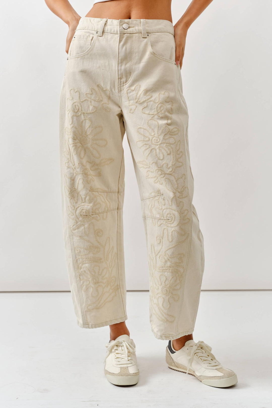 Embroidered Cotton Barrel Pants