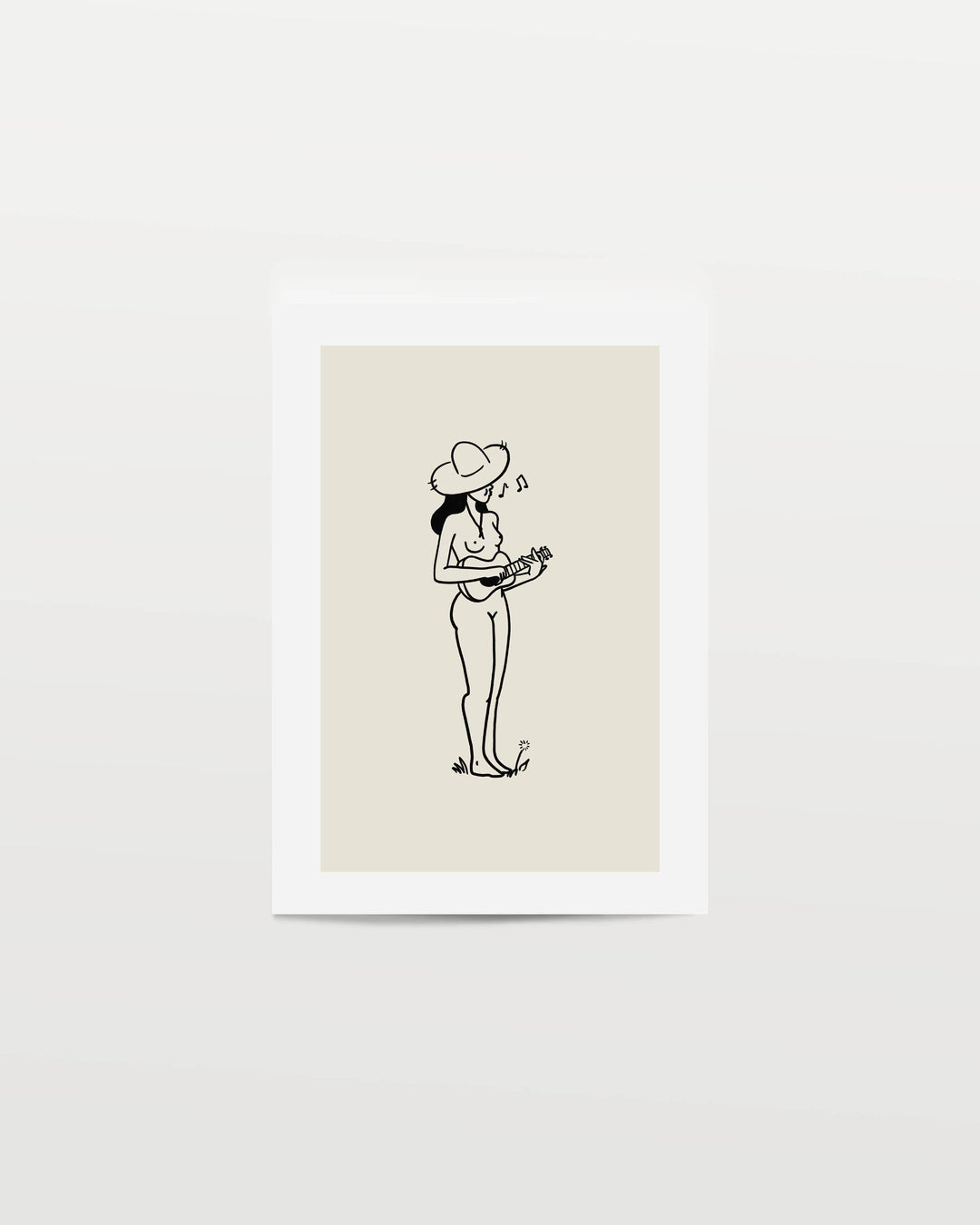 Framed artwork of a black line drawing of a woman with a hat on a beige background