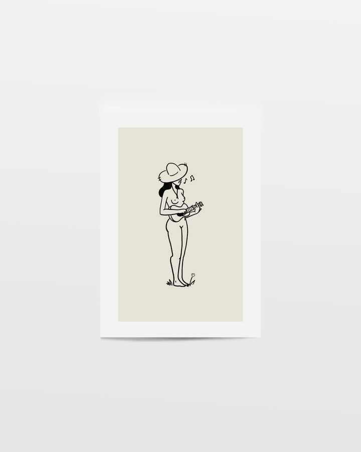 Framed artwork of a black line drawing of a woman with a hat on a beige background