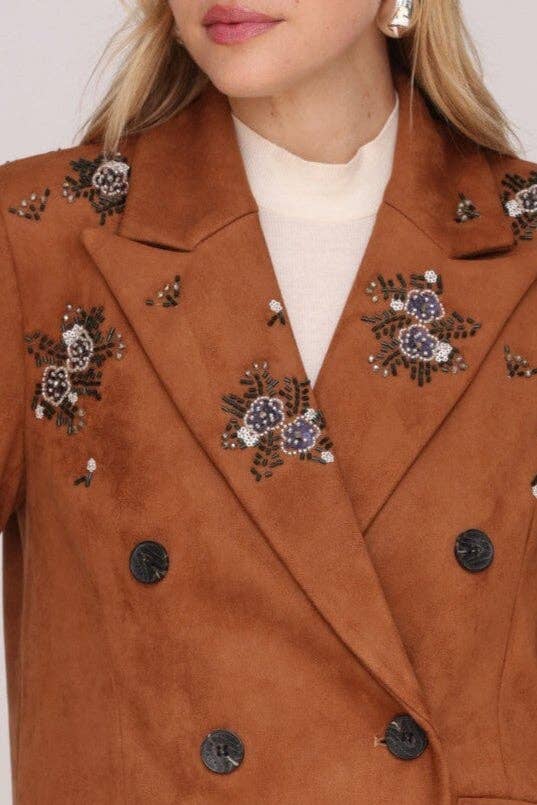 Close-up of embellished faux suede blazer detailing