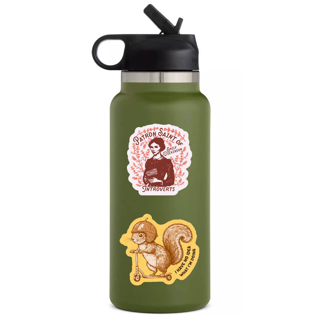Green water bottle with stickers featuring a woman, a squirrel, and text on a white background