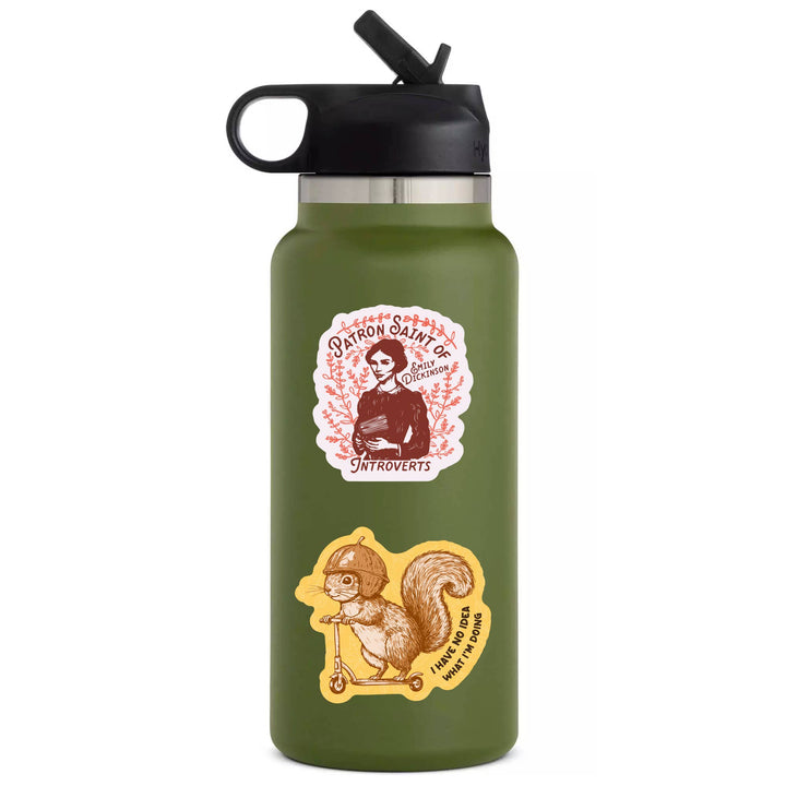 Green water bottle with stickers featuring a woman, a squirrel, and text on a white background
