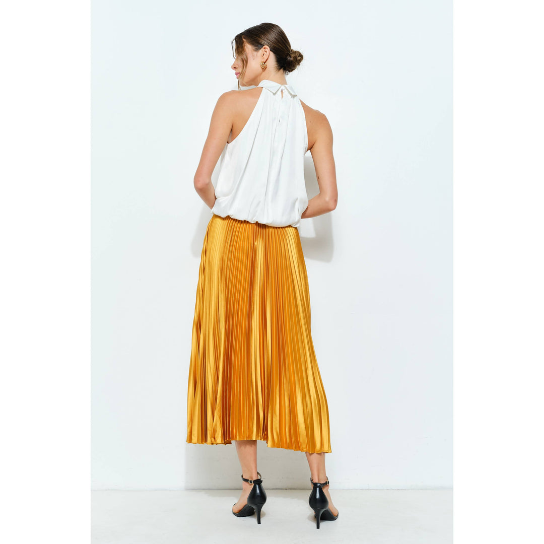 High Waist Satin Pleated Long Skirt