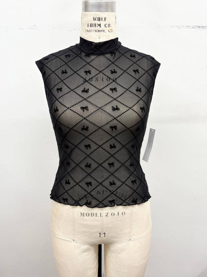Mock Neck Bow Mesh Sheer Top