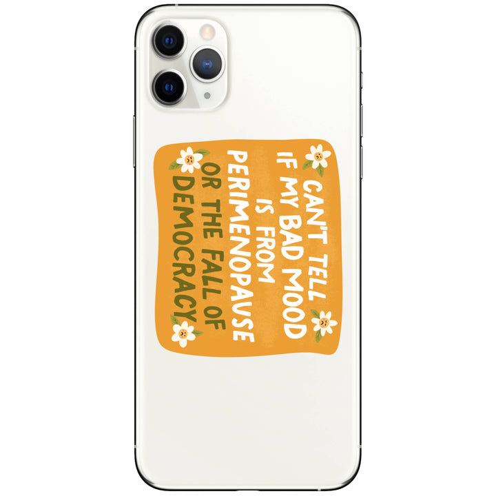 Phone case with humorous text design on a white background