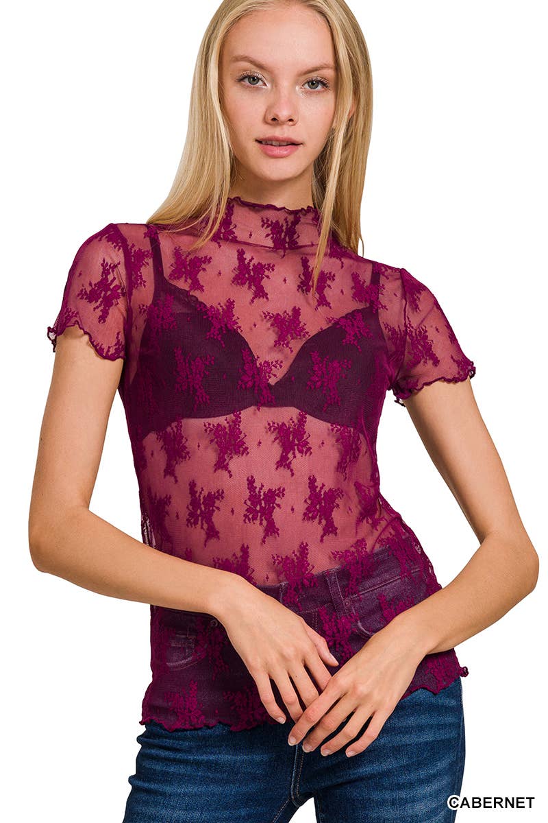 Navy Lace Sheer Long Sleeve