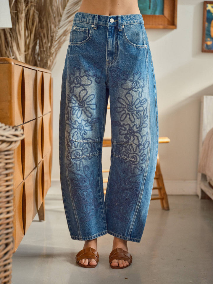 Embroidered Cotton Barrel Pants