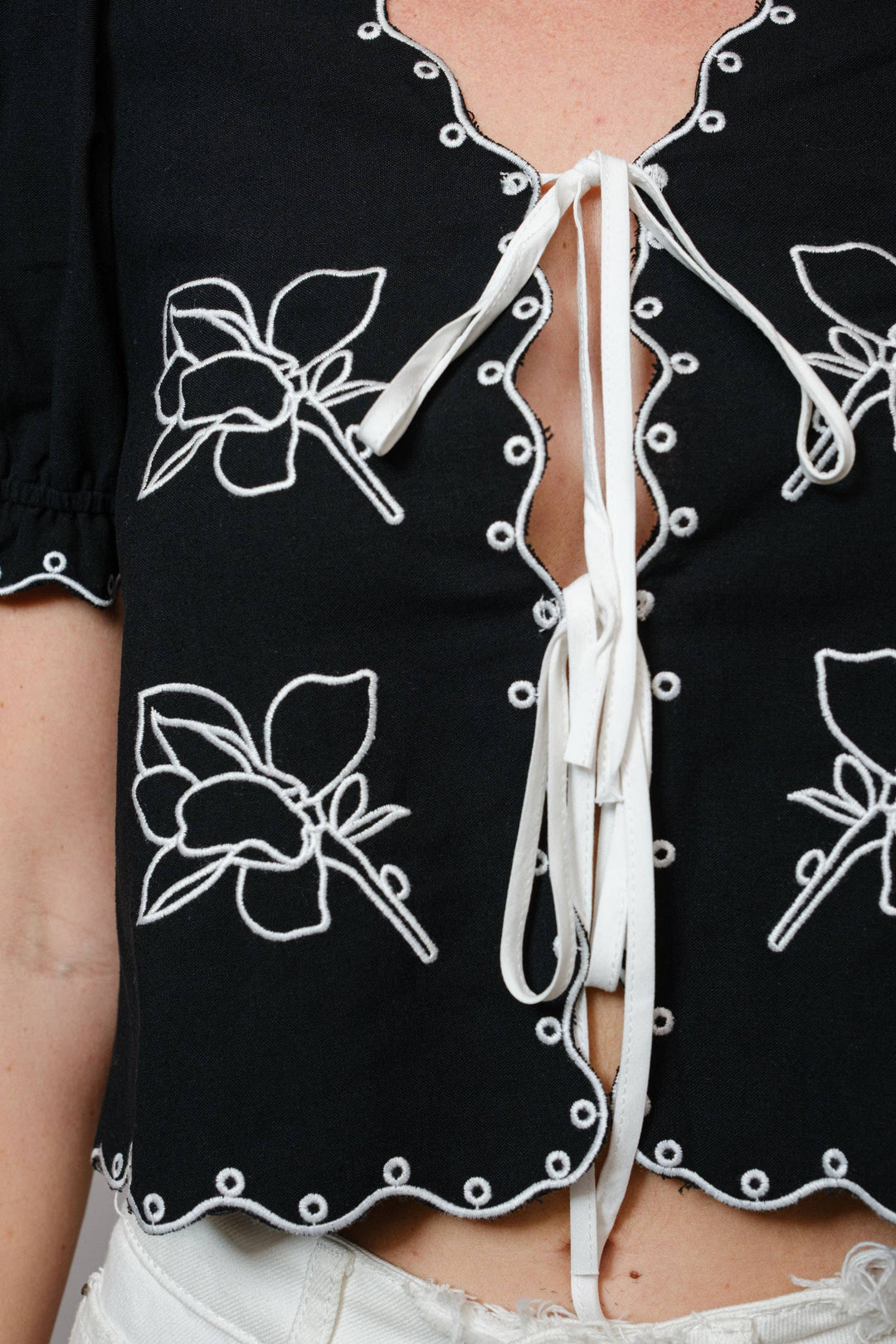 Puff Sleeve Embroidered Tie Front Blouse