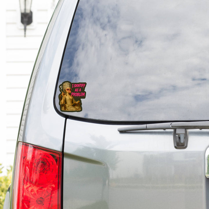 Car with a sticker of a famous painting on the rear window