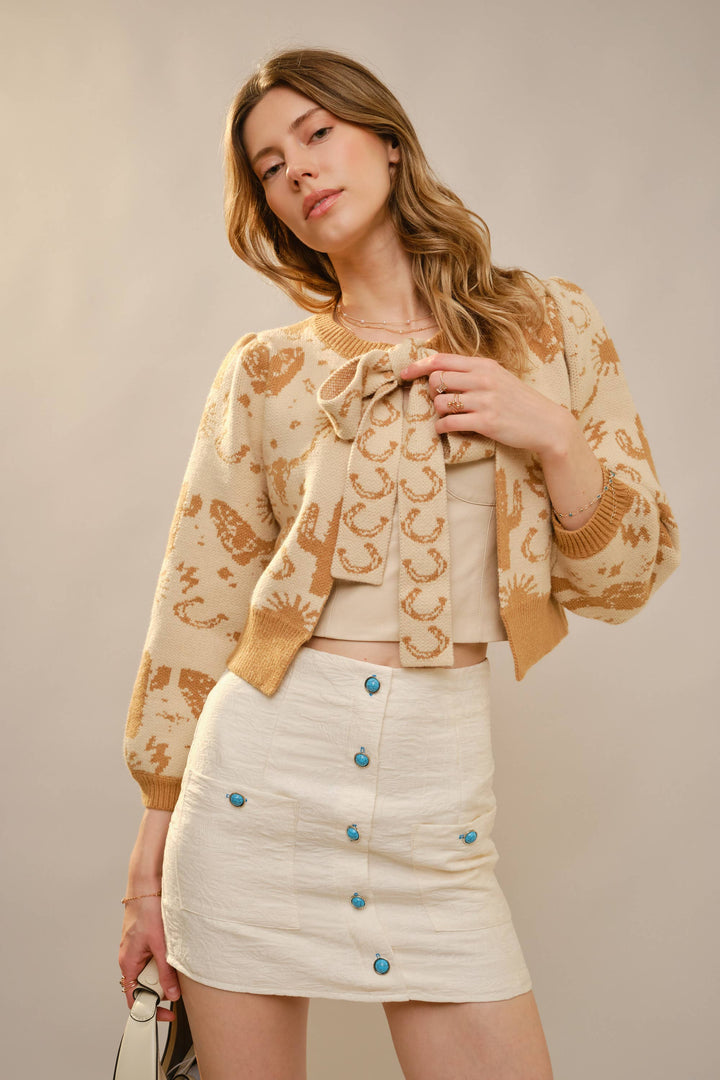 Western Motif Tie Front Cardigan