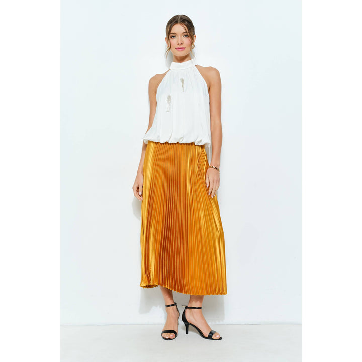 High Waist Satin Pleated Long Skirt