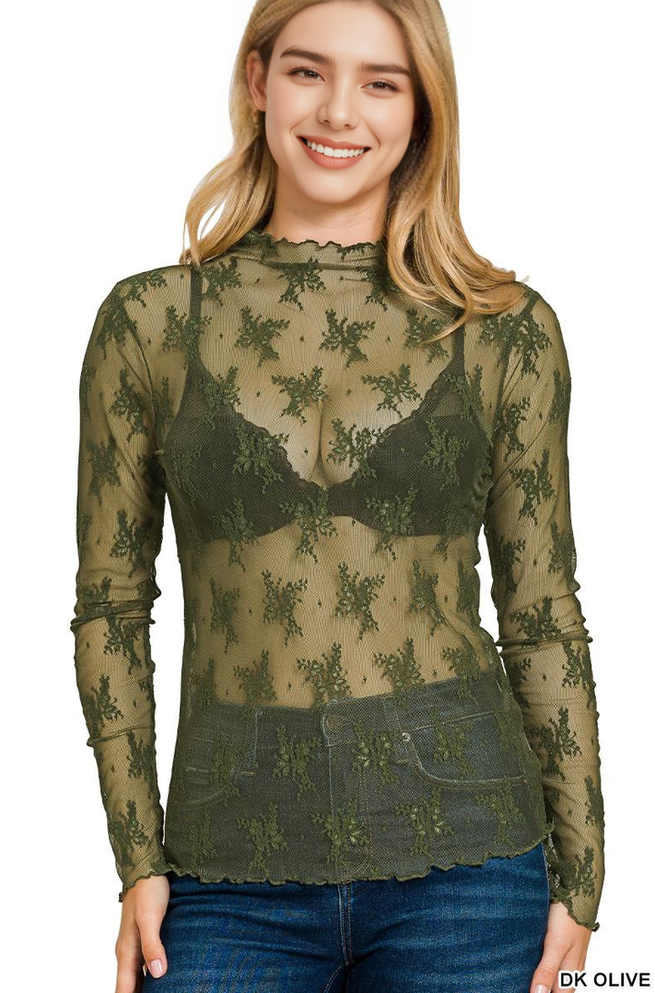 Navy Lace Sheer Long Sleeve