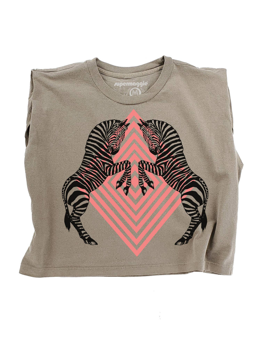 Brown tank top with zebra design and pink geometric pattern on a white background