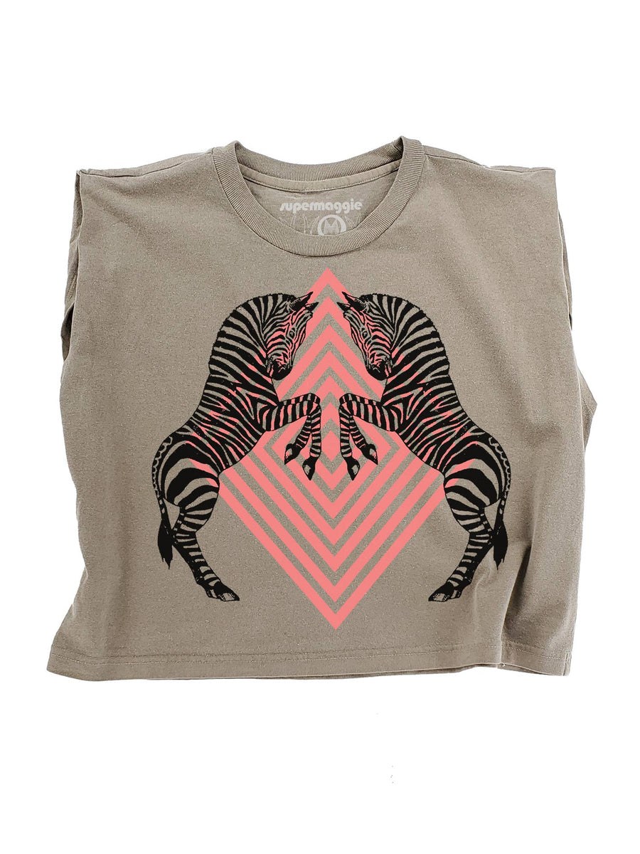 Brown tank top with zebra design and pink geometric pattern on a white background