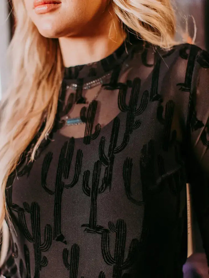 Velvet Flocked Cactus Mesh Top 🌵