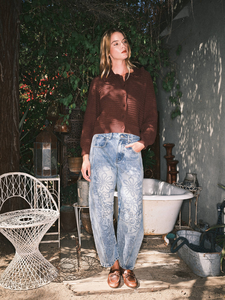 Embroidered Cotton Barrel Pants