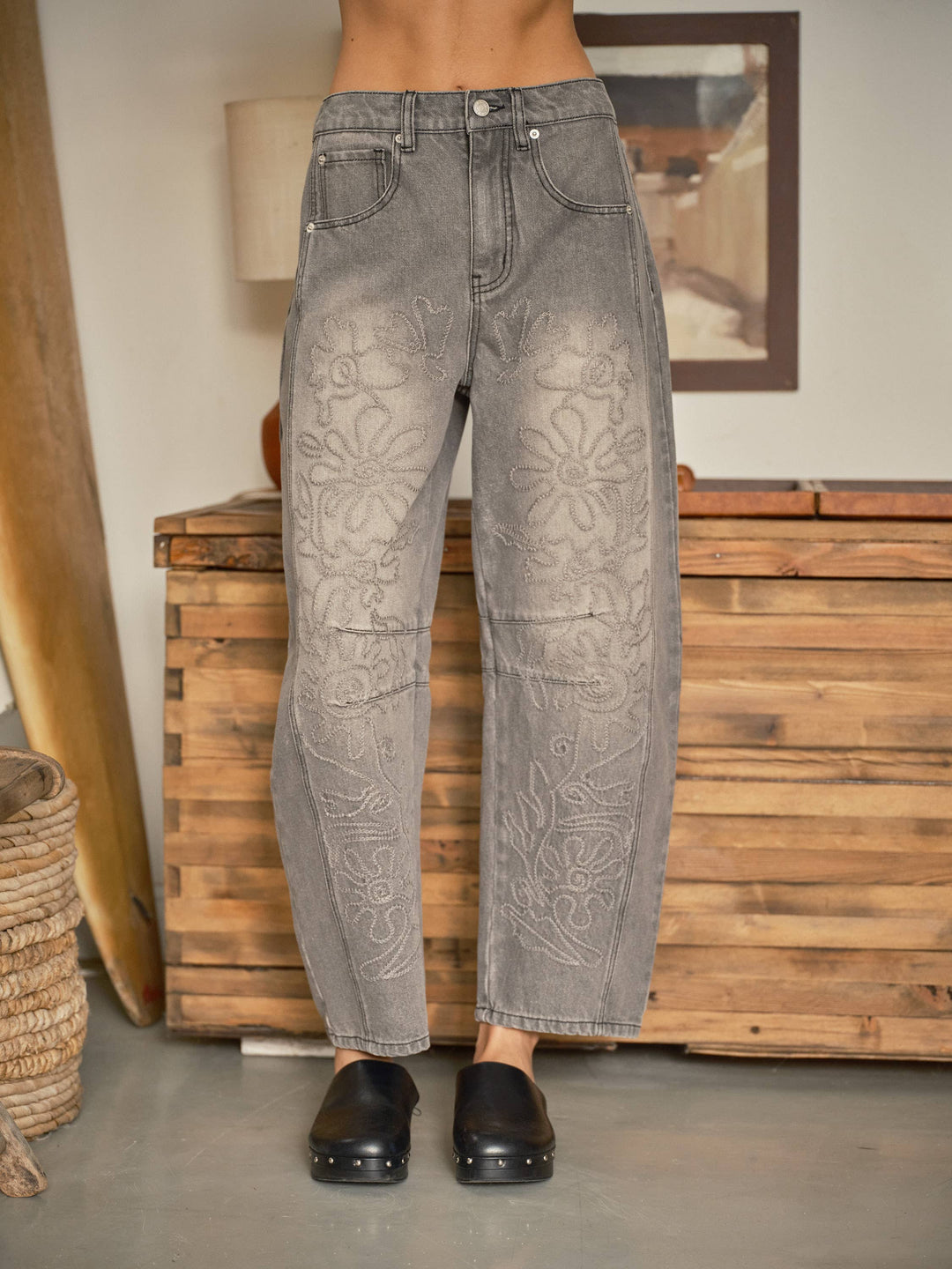 Embroidered Cotton Barrel Pants