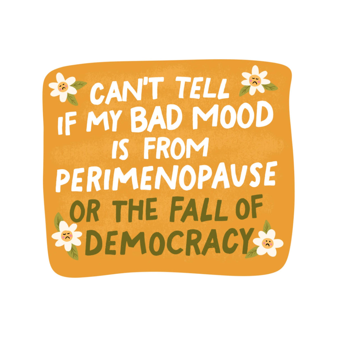 Comic-style text on an orange background with flowers, expressing frustration about perimenopause and democracy.