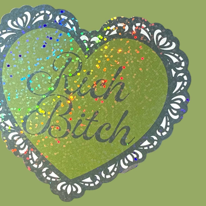 Rich Bitch Lace Heart Glitter Sticker