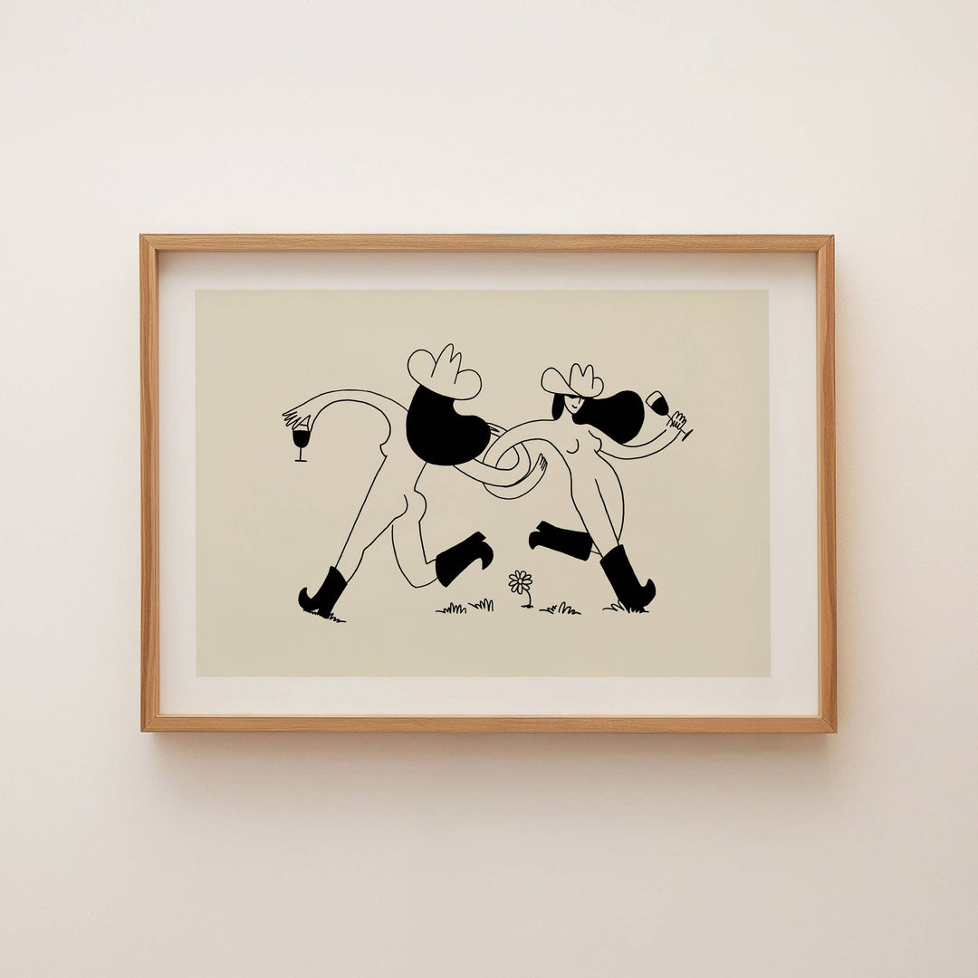 Frolicking Cowgirls With Wine Minimal Western Art Print