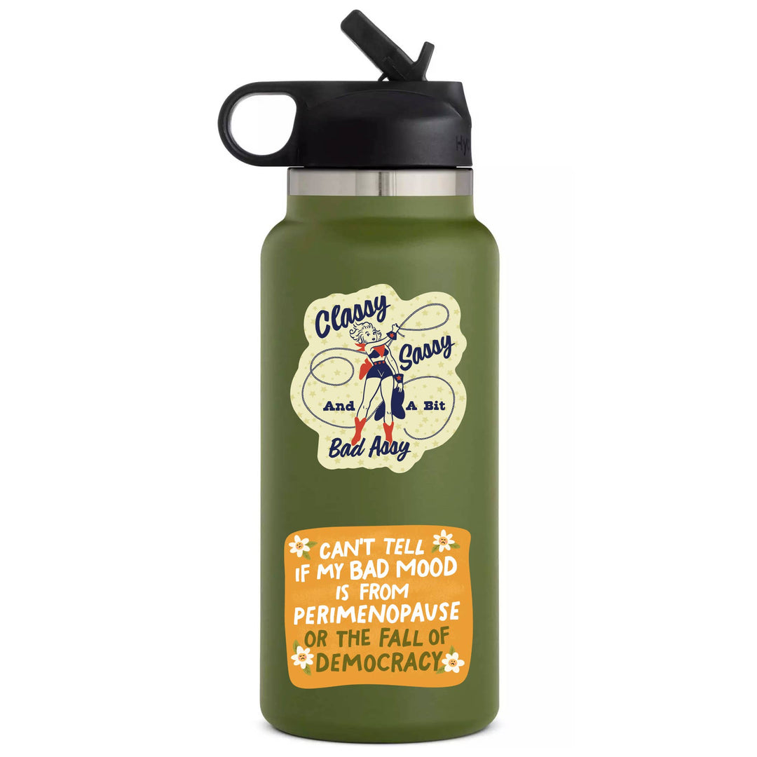Green water bottle with humorous design and text on a white background