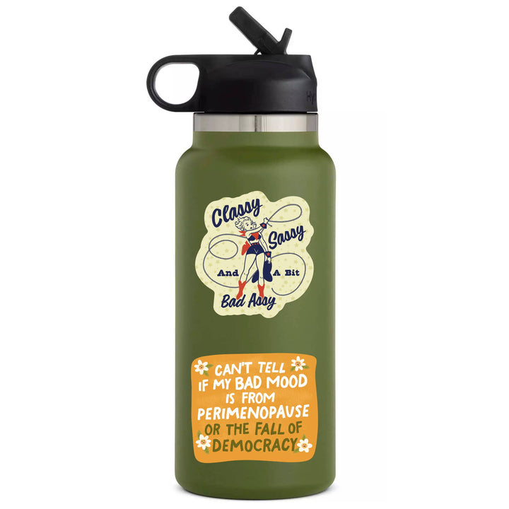 Green water bottle with humorous design and text on a white background