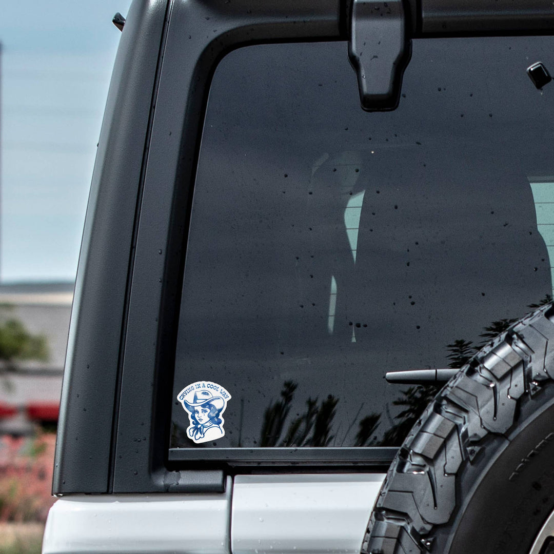 Car window with a decal of a police officer and a tire on a blurred background